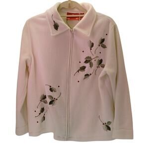Northcrest Women's Large White Fleece Jacket with Christmas Holly Embroidery